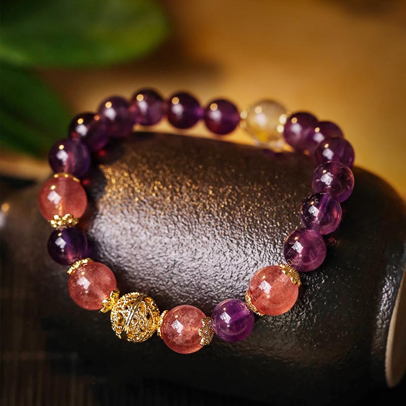 Mythstone Natural Citrine Amethyst Rutilated Quartz Prosperity Protection Bracelet