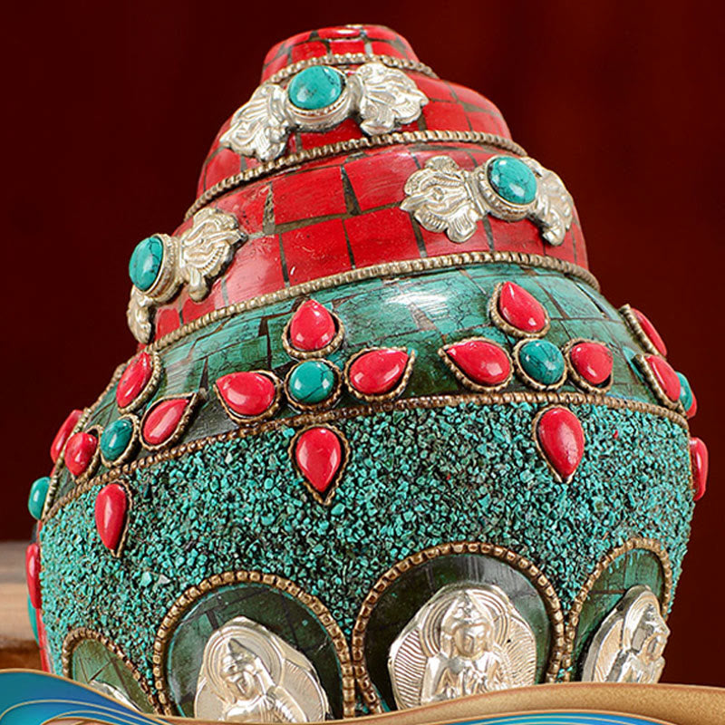 Mythstone Tibetan Handmade Shankha Om Mani Padme Hum Buddha Avalokitesvara Turquoise Conch Shell Positive Decoration