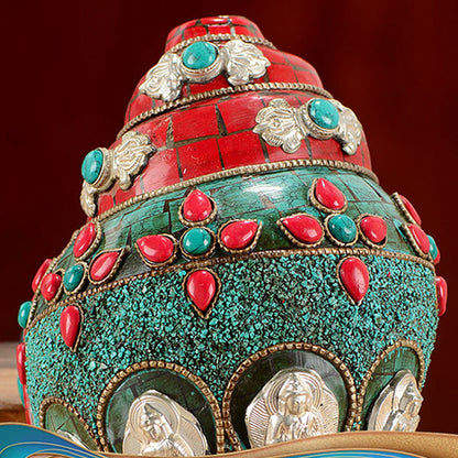 Mythstone Tibetan Handmade Shankha Om Mani Padme Hum Buddha Avalokitesvara Turquoise Conch Shell Positive Decoration