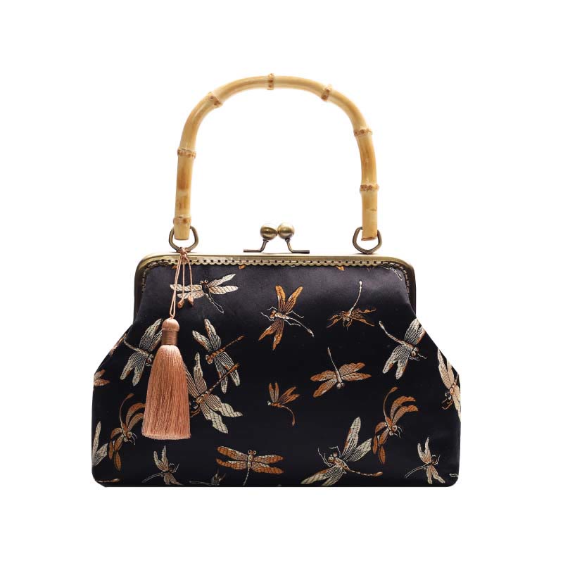 Mythstone Dragonfly Crane Bamboo Leaves Plum Blossom Bamboo Handles Handbag