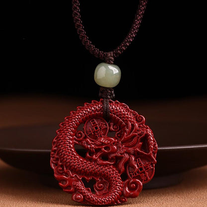 Mythstone Year Of The Dragon Natural Cinnabar Hetian Jade Bead Copper Coin Attract Wealth Strength Necklace Pendant