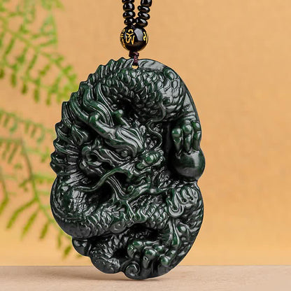 Mythstone Hetian Cyan Jade Dragon Success Harmony Necklace Beaded String Pendant