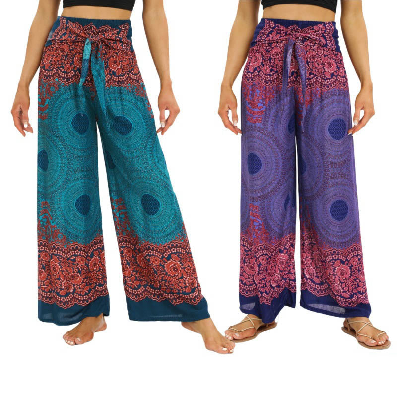 Mythstone Bohemian Compass Flower Print Lace-up Wide Leg Pants Women's Yoga Pants