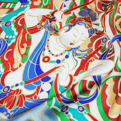 Mythstone Dunhuang Musician Playing Frescoes 100% Mulberry Silk Scarf Premium Grade 6A Dunhuang Silk Shawl