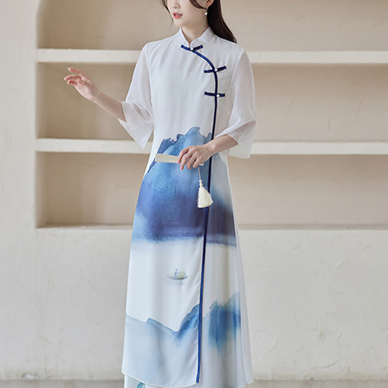 Mythstone Blue Landscape Painting Three Quarter Chinese Cheongsam Midi Dress