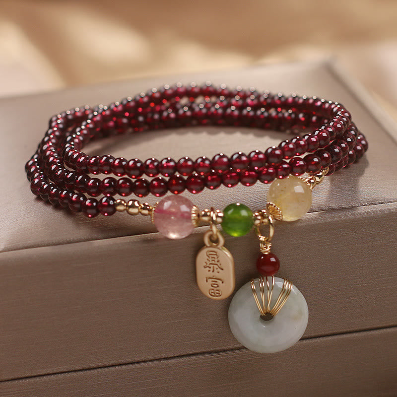 MythStone Natural Garnet Strawberry Quartz Crystal Fox Koi Fish Peace Buckle Fortune Protection Triple Wrap Bracelet