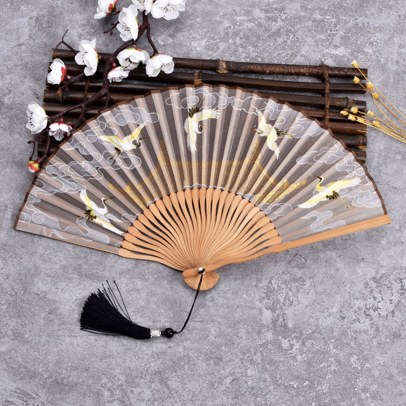 Mythstone Vintage Cloud Crane Pattern Handheld Bamboo Folding Fan