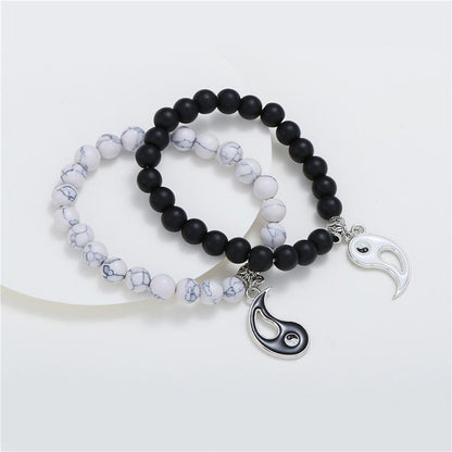 MythStone 2pcs Natural Black Onyx White Turquoise Bead Yin Yang Couple Bracelet