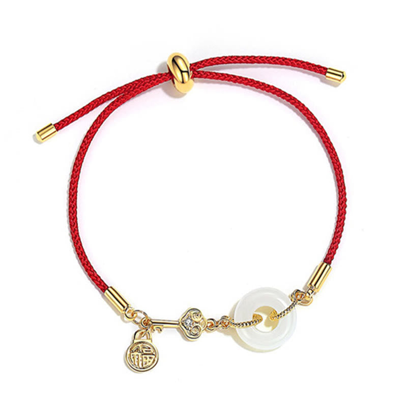 Mythstone 18K Gold Plated Hetian Jade Peace Buckle Fu Character Luck Red Rope Bracelet