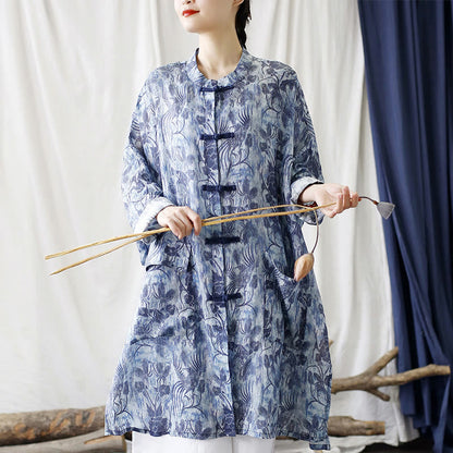 Mythstone Blue Flowers Butterfly Frog-Button Long Sleeve Ramie Linen Jacket Shirt With Pockets