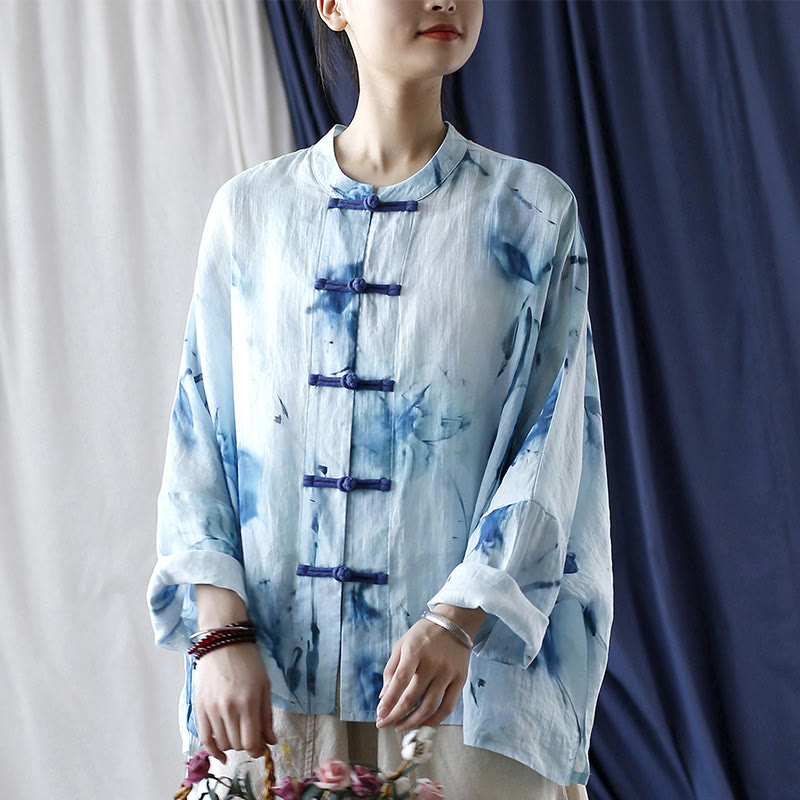 Mythstone Tie Dye Blue Flowers Frog-Button Design Long Sleeve Ramie Linen Jacket Shirt