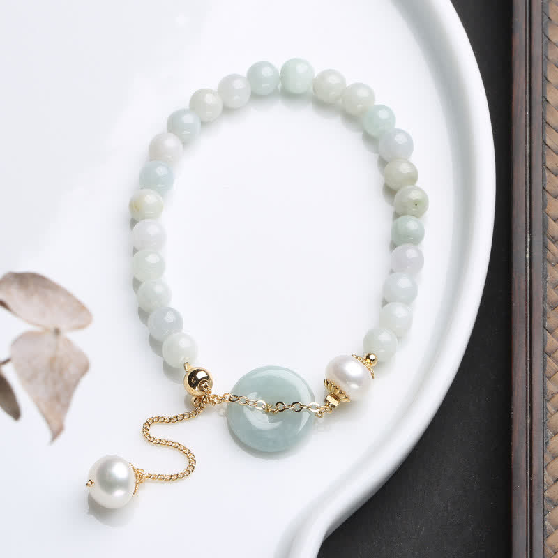 Pulsera de la suerte y la prosperidad con hebilla de paz y perla de jade natural Mythstone