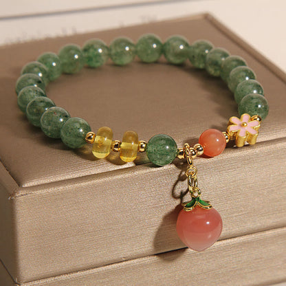 Mythstone Natural Green Strawberry Quartz Love Peach Charm Bracelet