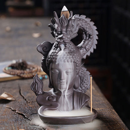 Mythstone Dragon Buddha Auspicious Clouds Purple Clay Healing Incense Burner Decoration