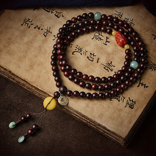 MythStone Chinese Zodiac Natal Buddha 108 Mala Beads Small Leaf Red Sandalwood Red Agate PiXiu Protection Bracelet