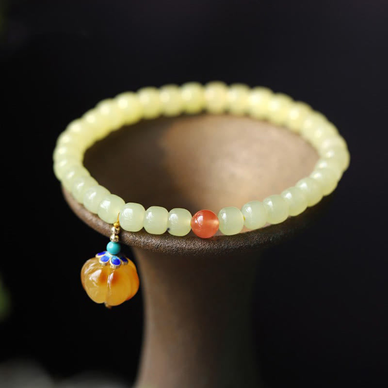 Pulsera de prosperidad con cristal de ágata roja, ámbar y calabaza de jade hetiano natural