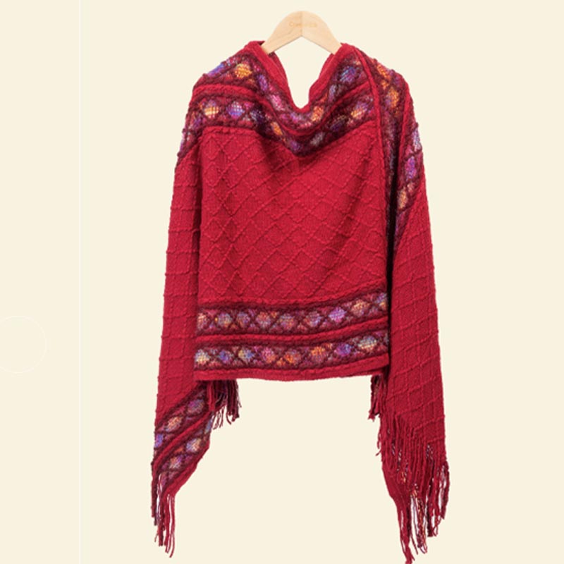 Mythstone Tibetan Colorful Striped Rhombus Pattern Shawl Tassels Pullover Winter Cozy Travel Scarf Wrap