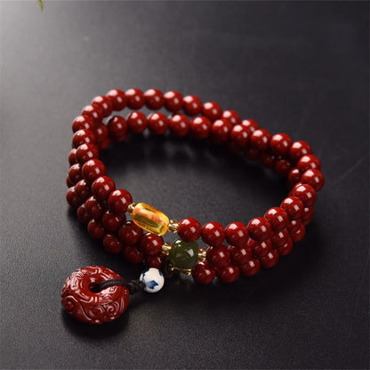 MythStone Tibetan Cinnabar Peace Buckle Triple Wrap Blessing Bracelet Mala