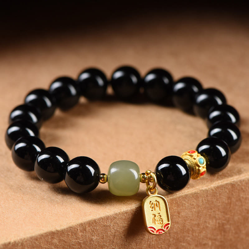 Mythstone Black Onyx Hetian Jade Bead Lucky Fortune Charm Bracelet