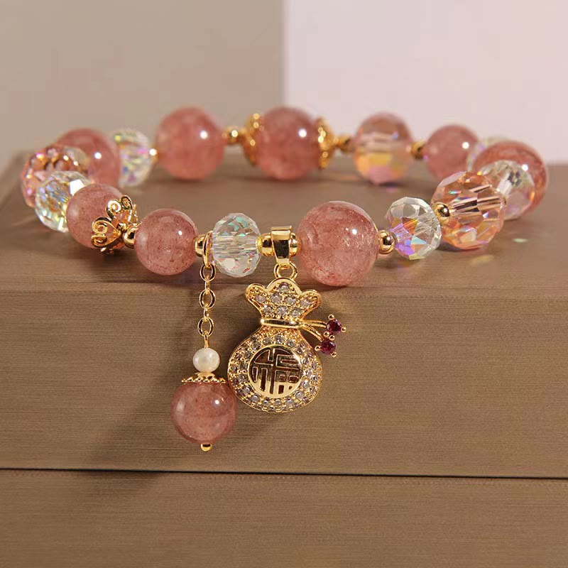 Mythstone Natural Strawberry Quartz Crystal Money Bag Charm Positive Bracelet