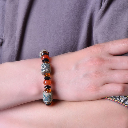 Mythstone Tibetan Three-eyed Dzi Bead Agate Protection Happiness Bracelet