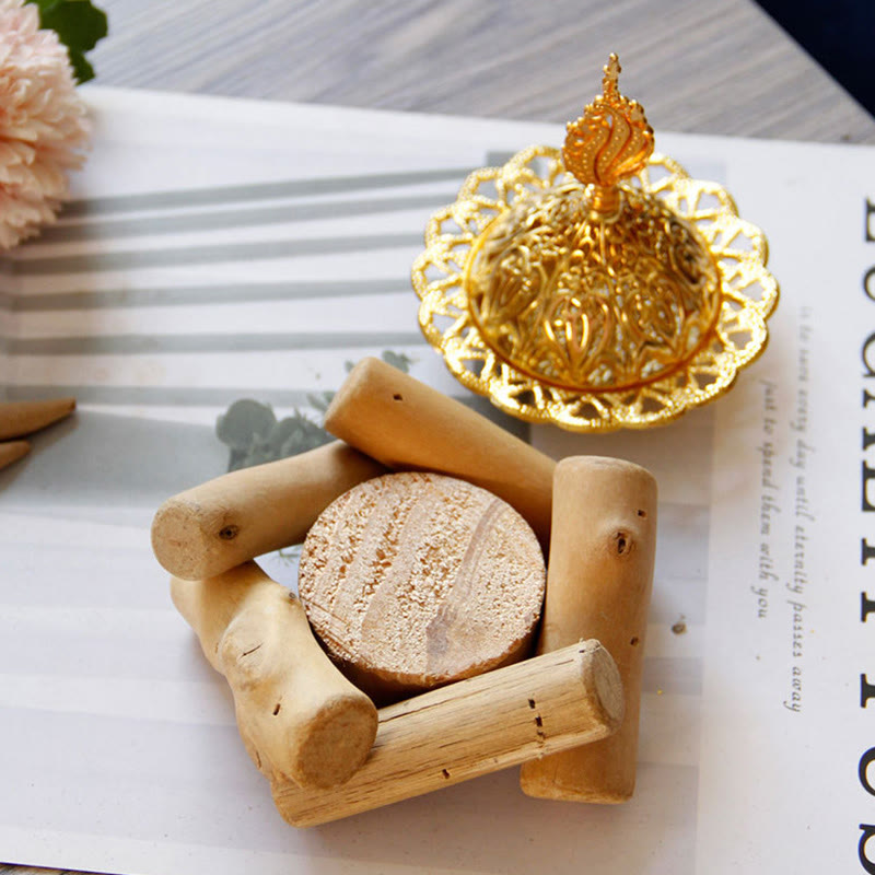 Mythstone Gold Alloy Healing Mini Incense Burner With Wooden Coaster Home Decor