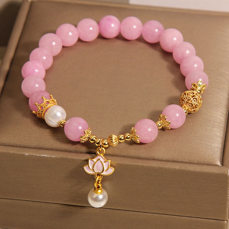 Mythstone Pink Jade Pearl Lotus Charm Harmony Bracelet