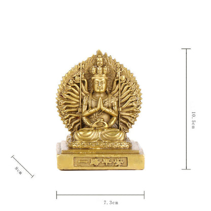 Mythstone Chenrezig Thousand-handed Avalokitesvara Figurine Double-sided Kuan Yin Bodhisattva Protection Solid Copper Statue Decoration