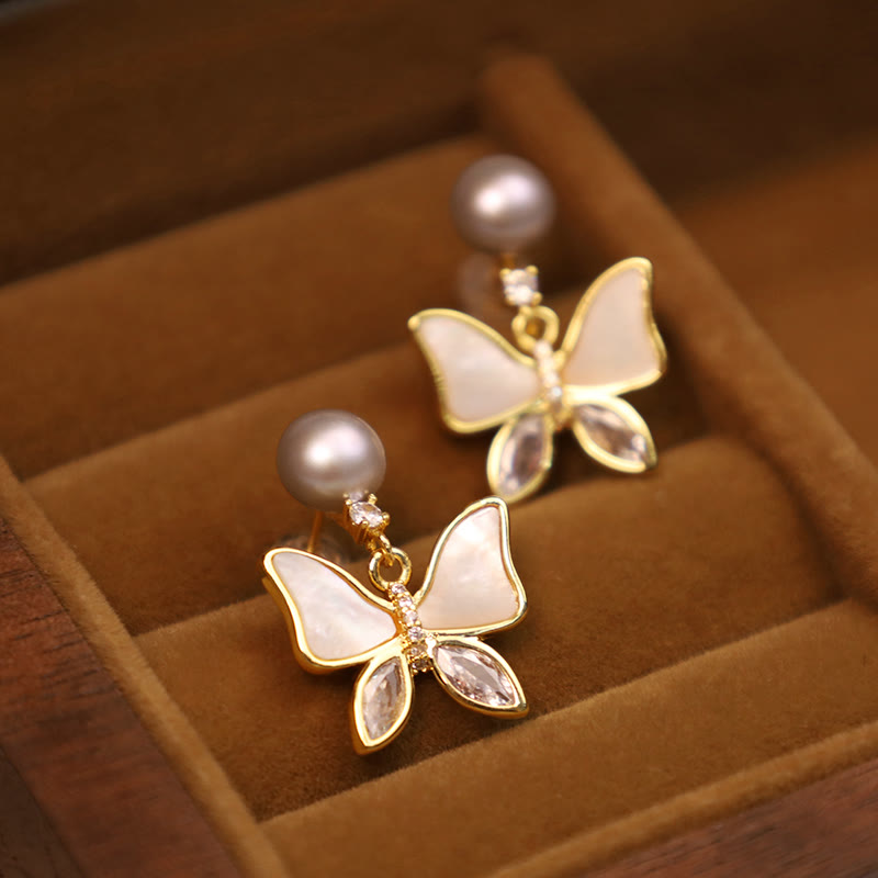 Mythstone 18K Gold Plated Copper Natural Shell Pearl Butterfly Sincerity Stud Earrings