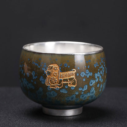 Mythstone 999 Gilt Silver Gilt Chinese Zodiac Ceramic Teacup Kung Fu Tea Cup 160ml