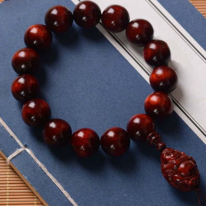 Mythstone Small Leaf Red Sandalwood Laughing Buddha God of Wealth Protection Bracelet