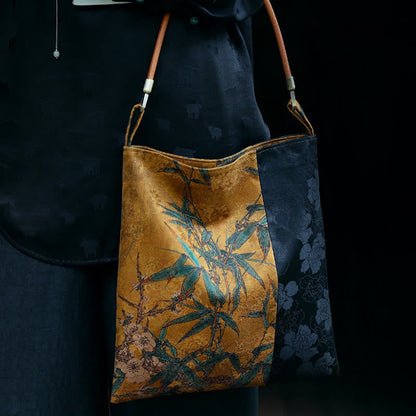 Bolso de mano con diseño de hojas de bambú, flores, mariposas y caqui de Mythstone 