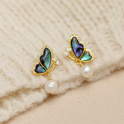 Mythstone 18K Gold Plated Copper Pearl Butterfly Love Stud Earrings