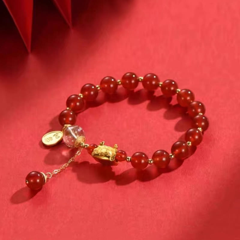 Mythstone Year of the Dragon Dumpling Natural Red Agate Garnet Hetian Jade Fu Character Luck Success Bracelet