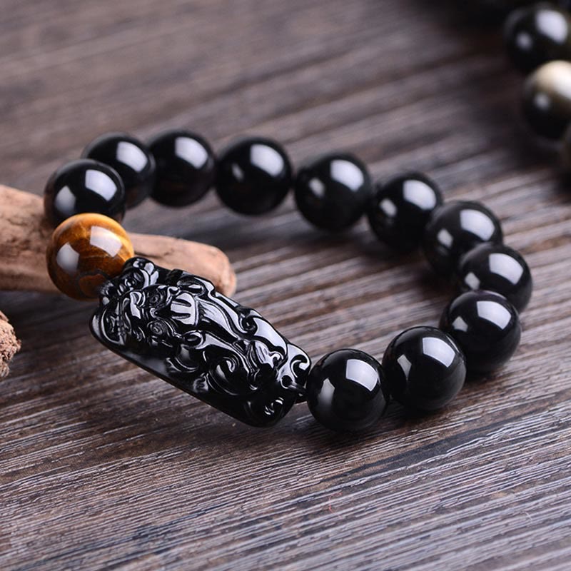 Pulsera de fuerza de ojo de tigre PiXiu con obsidiana negra natural Mythstone 