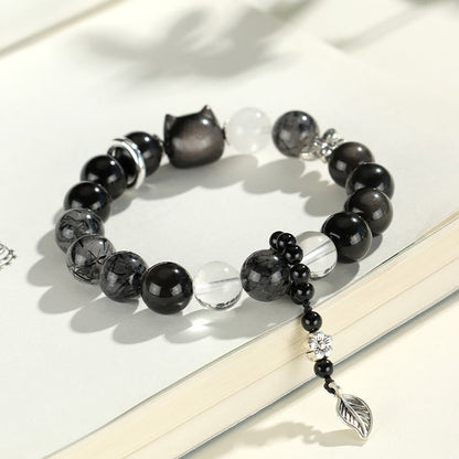 Mythstone Natural Silver Sheen Obsidian Cat Head Fox Planet Protection Bracelet