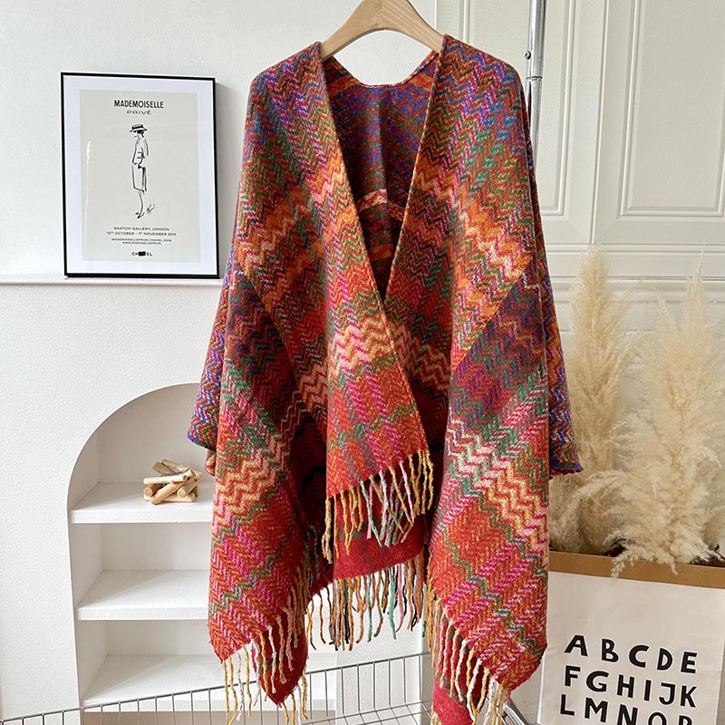 Mythstone Tibetan Shawl Colorful Wavy Striped Shapes Tassels Winter Cozy Travel Scarf Wrap