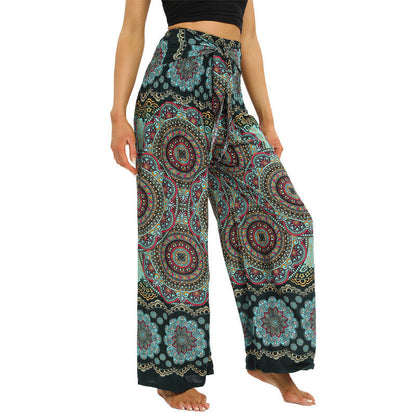 Mythstone Boho Mandala Print Lace-up Wide Leg Pants Women's Yoga Pants