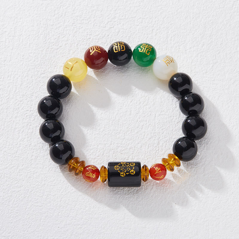 Pulsera de la sabiduría y la riqueza con ágata roja y ónix negro de cinco elementos Mythstone