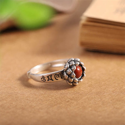 Mythstone 925 Sterling Silver Lotus Red Agate Confidence Blessing Ring