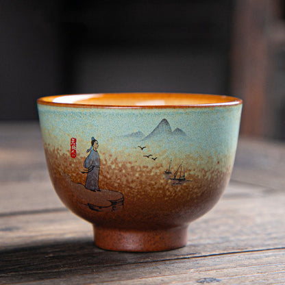 Mythstone Colorful Deer Pipa Snow Plum Blossoms Mountains Rivers Bird Ceramic Teacup Kung Fu Tea Cup Bowl