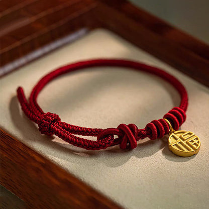 Mythstone Handmade Eight Thread Peace Knot Fu Character Charm Luck Happiness Red Rope Bracelet