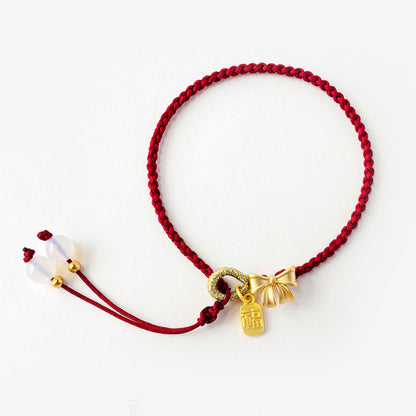 Mythstone Handmade Peach Blossom Rosette Bow Knot Fu Character Charm Luck Fortune Red Rope Bracelet