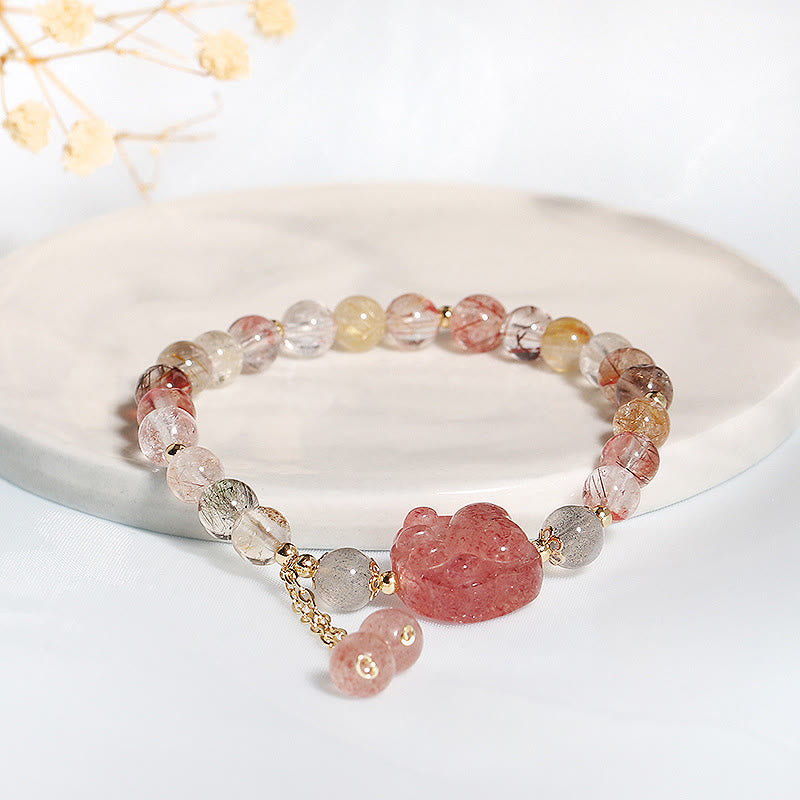 Mythstone Natural Strawberry Quartz Cat Paw Claw Colorful Rutilated Quartz Moonstone Love Bracelet