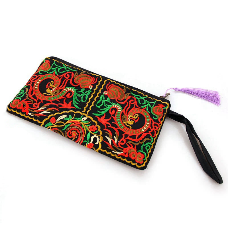 Mythstone Dragon Butterfly Cosmos Flower Embroidery Wallet Shopping Purse