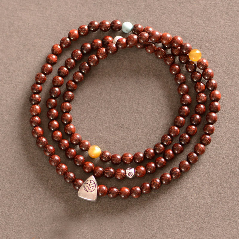 Mythstone 925 Sterling Silver Indian Small Leaf Red Sandalwood Fu Character Protection Triple Wrap Bracelet