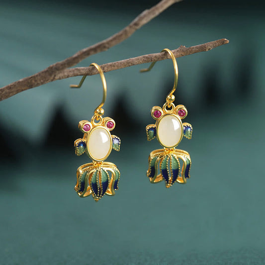 Mythstone 925 Sterling Silver Hetian White Jade Red Agate Cute Fish Happiness Drop Earrings