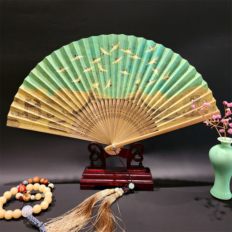 Mythstone A Panorama Of Rivers And Mountains Cranes Orchid Flower Paper Bamboo Handheld Silk Bamboo Folding Fan 22cm