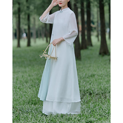 Mythstone Three Quarter Sleeve Chiffon Cheongsam Midi Dress Wide Leg Pants Meditation Zen Practice Clothing