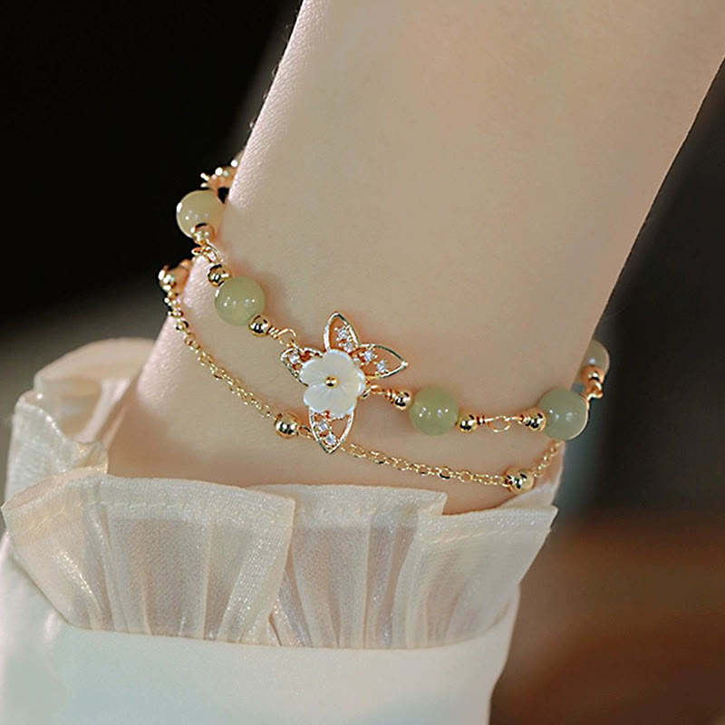 MythStone 14K Gold Plated Jade Butterfly Tridacna Stone Flower Double Layer Luck Bracelet